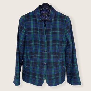 Talbots Black Blue Plaid Wool Blend Two Button Blazer Large